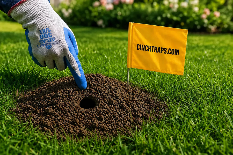 Step Image Gloved hand pointing at a fresh mole tunnel opening in a lawn, marked with a CINCHTRAPS.COM flag