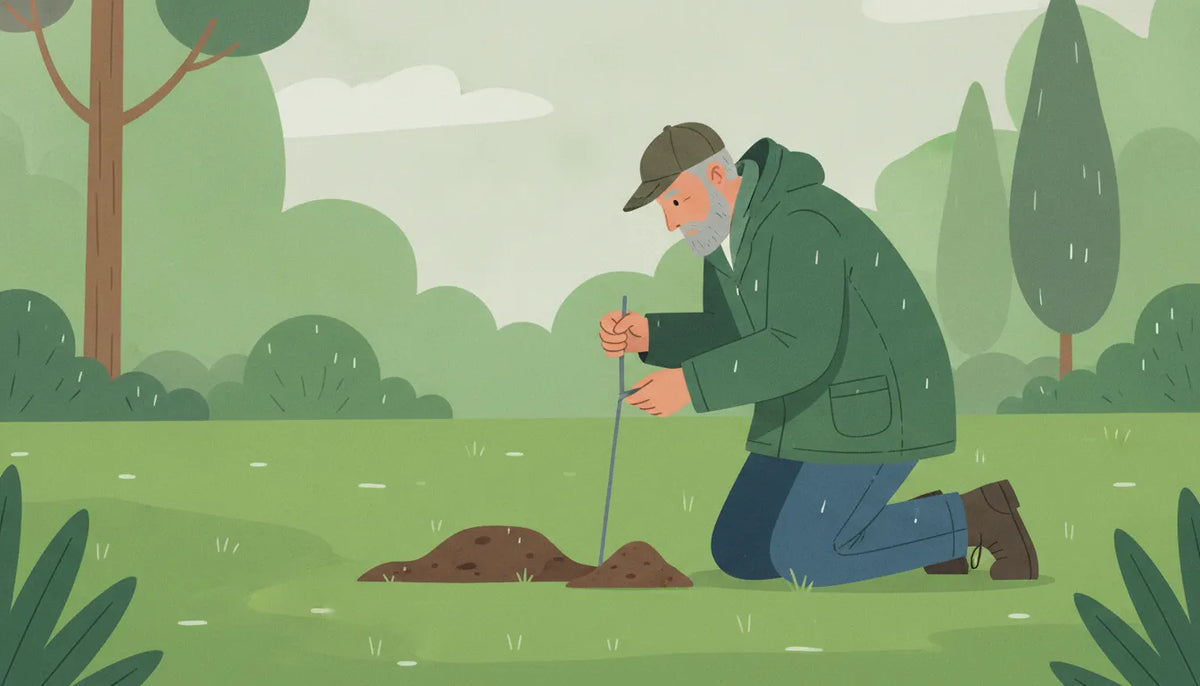 Homeowner probing active mole tunnels in a lawn
