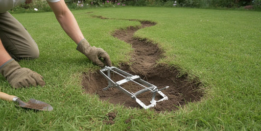 Homeowner checking a mole trap beside a lawn tunnel before setting it