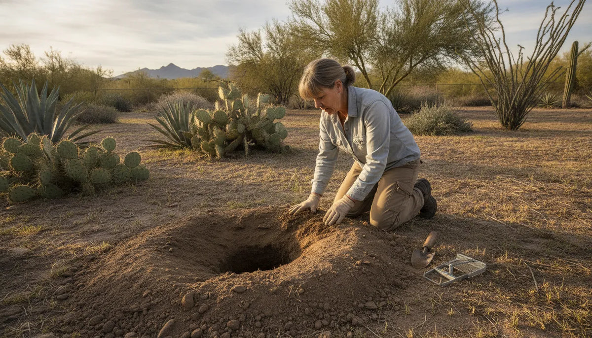 Arizona homeowner inspecting a fresh gopher mound beside a mechanical trap