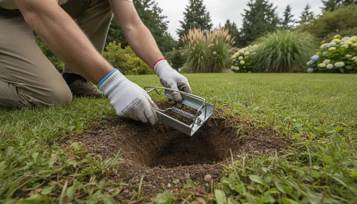 Homeowner placing a Cinch mole trap in an active lawn tunnel