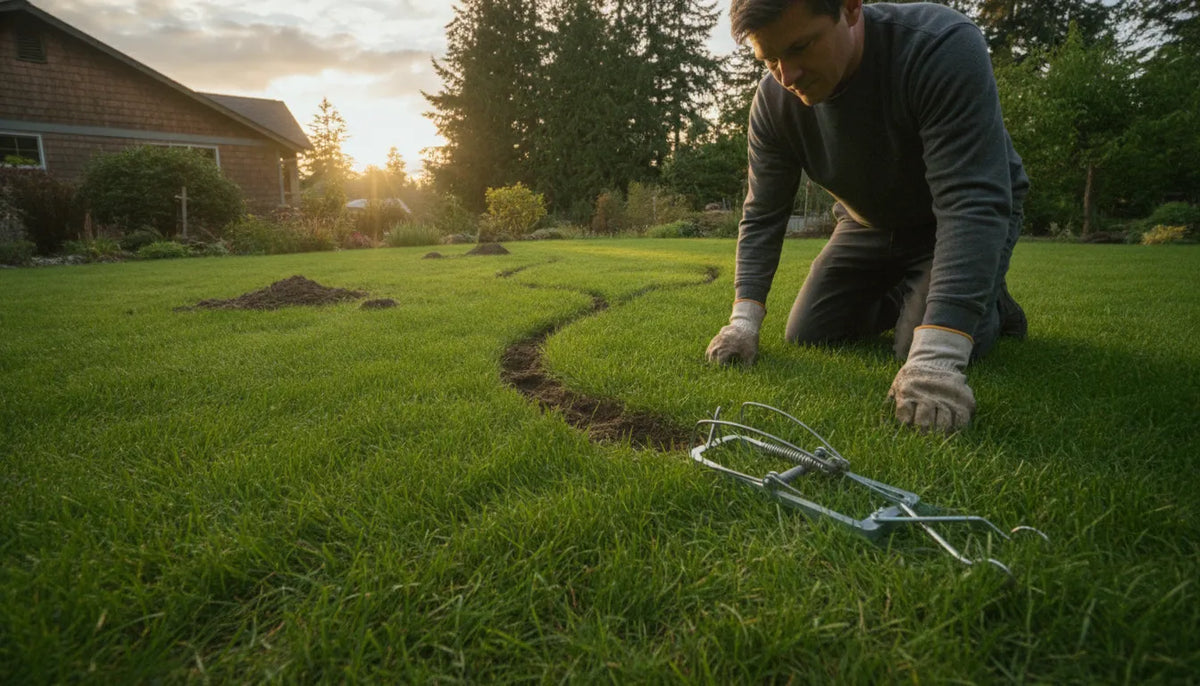 Homeowner examining an active mole runway beside a mechanical mole trap