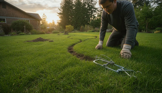 Homeowner examining an active mole runway beside a mechanical mole trap