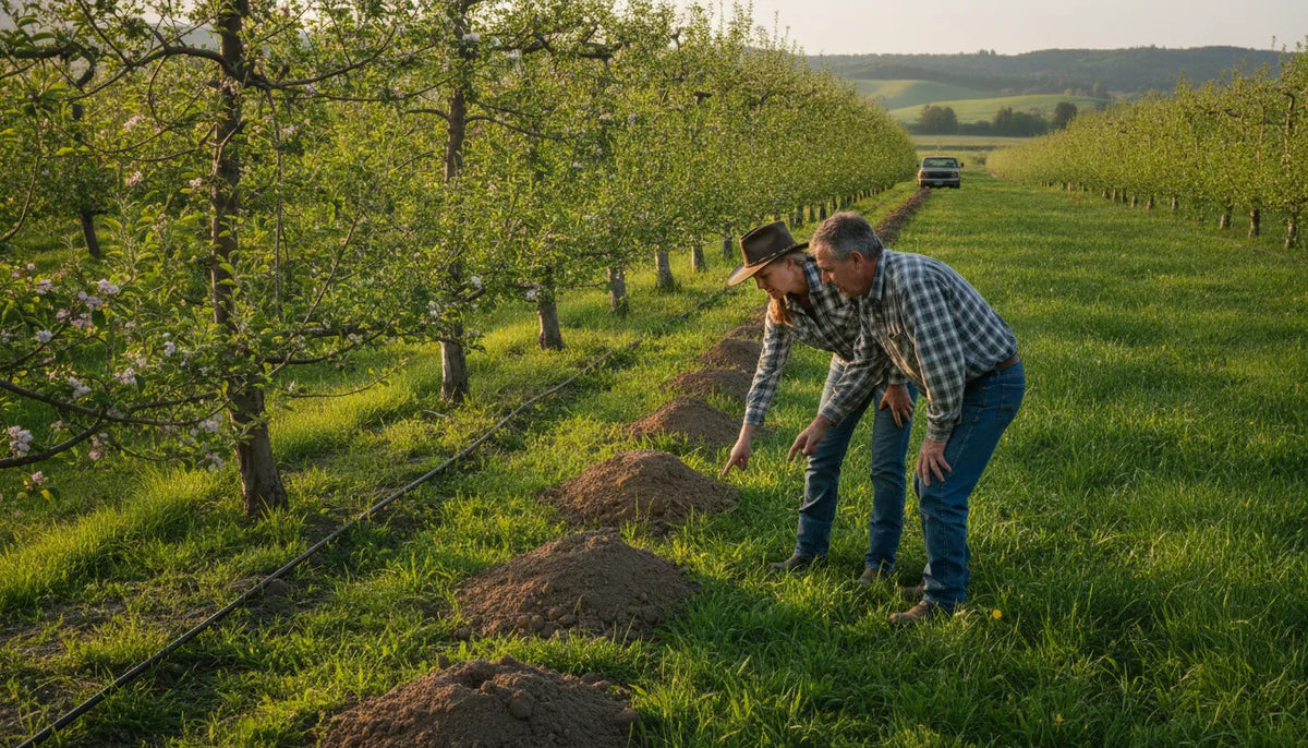 Farmer inspecting gopher activity near an orchard and pasture