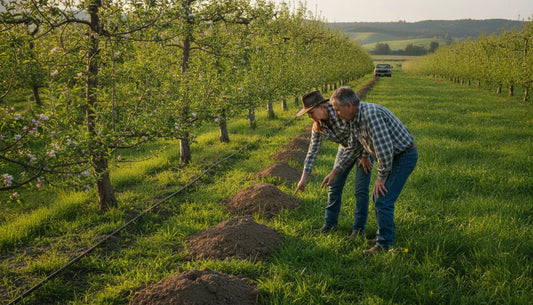 Farmer inspecting gopher activity near an orchard and pasture