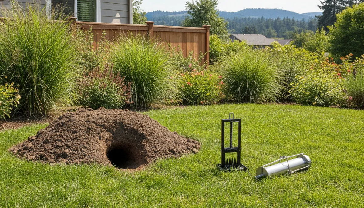 Gopher Hawk vs Cinch gopher trap setup beside a fresh mound in a residential lawn
