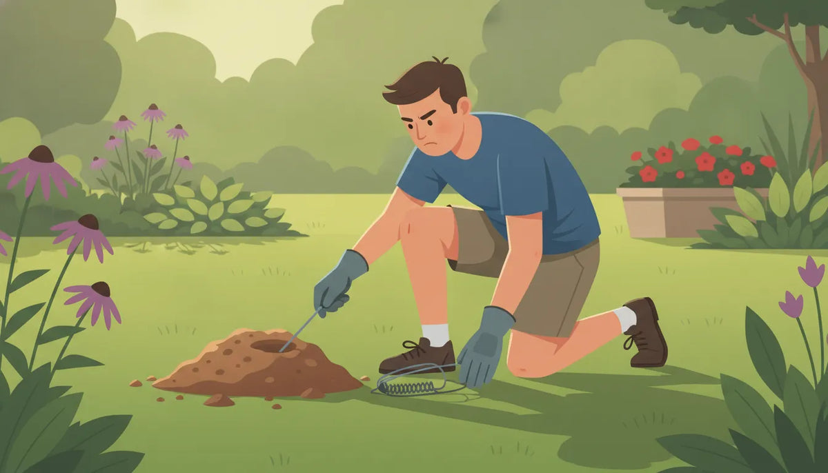 Homeowner probing a fresh gopher mound before setting a trap