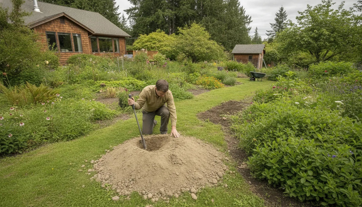 Homeowner inspecting a fresh gopher mound with a soil probe
