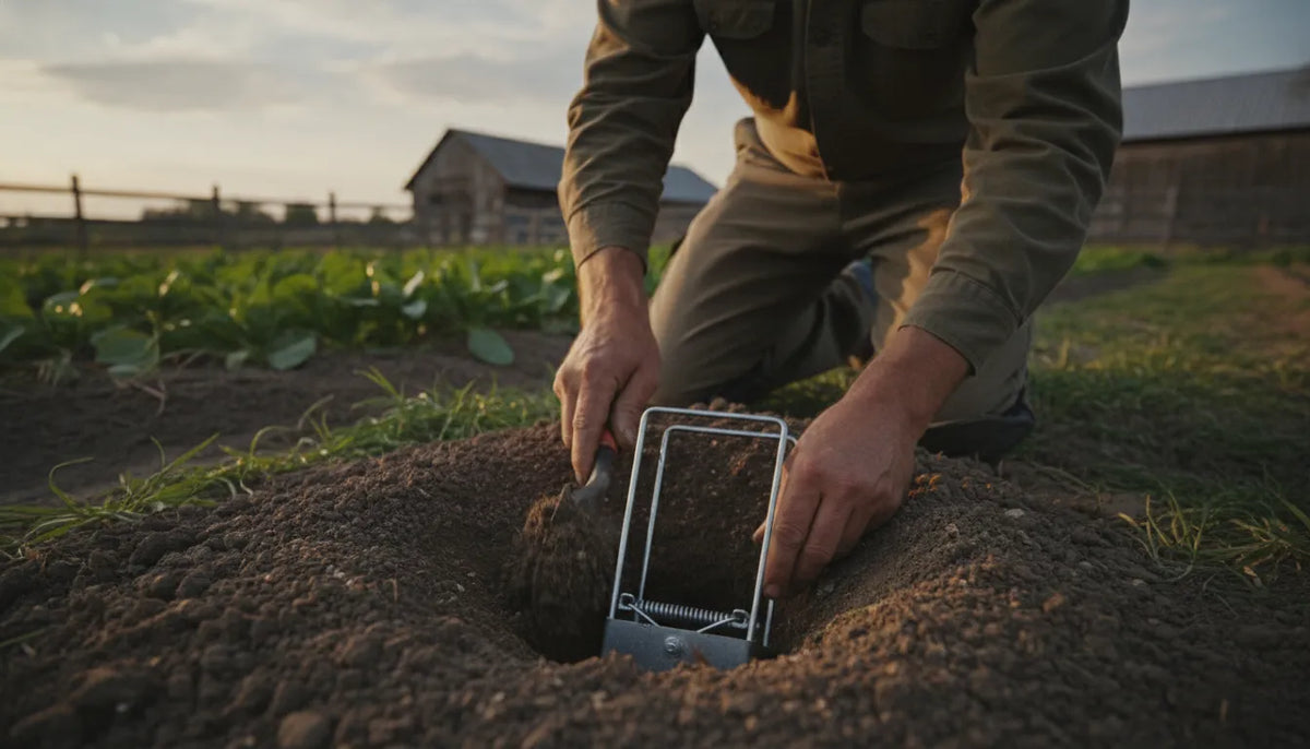 Professional preparing a gopher trap in a fresh tunnel