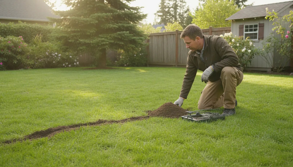 Mechanical mole and gopher trap beside a fresh tunnel in a yard