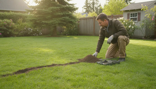 Mechanical mole and gopher trap beside a fresh tunnel in a yard