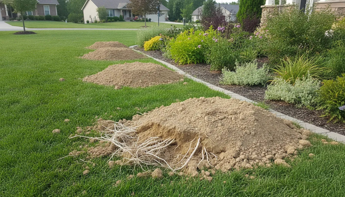 Fresh crescent-shaped pocket gopher mounds along a residential lawn and garden edge