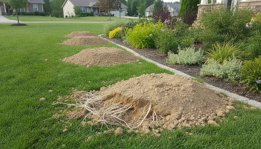Fresh crescent-shaped pocket gopher mounds along a residential lawn and garden edge