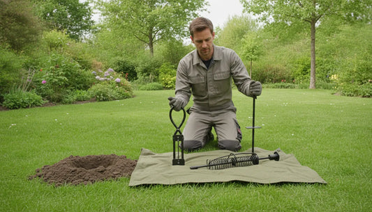 Homeowner inspecting a mole runway beside mechanical traps
