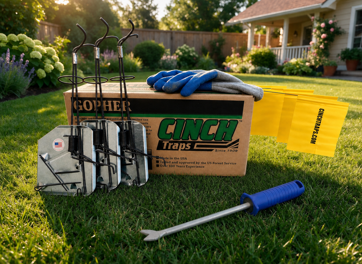 CINCH gopher trap kit box with three galvanised steel gopher traps, gloves and marker flags on a lawn