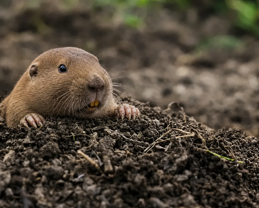 A pocket gopher emerging from a mound of fresh soil