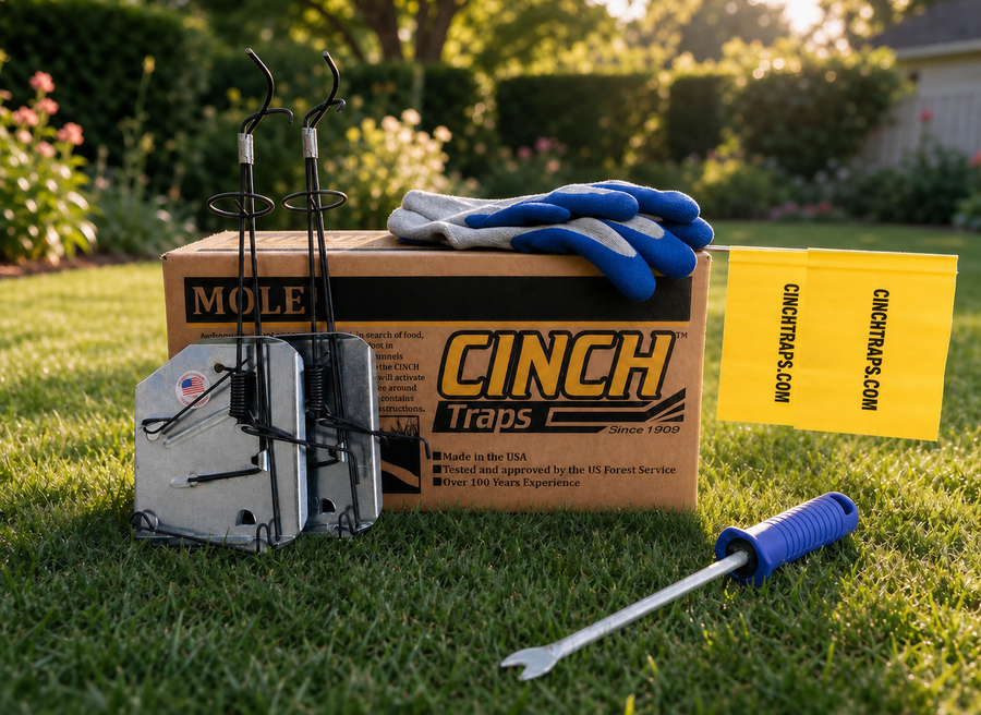 CINCH mole trap kit box with two galvanised steel mole traps, gloves and marker flags on a lawn
