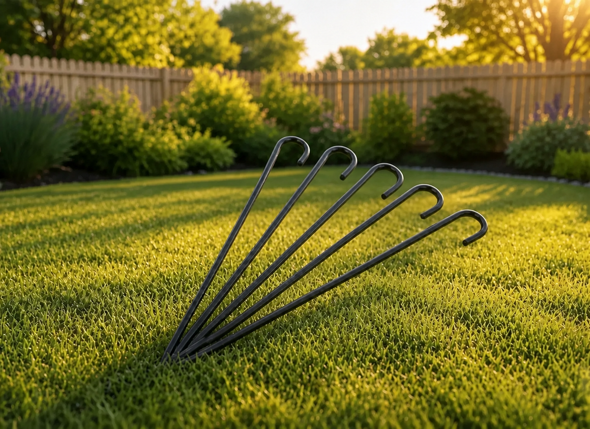 CINCH Traps replacement trigger wire set, five hooked steel wires standing in a sunlit lawn