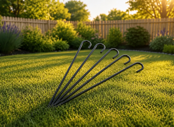 CINCH Traps replacement trigger wire set, five hooked steel wires standing in a sunlit lawn