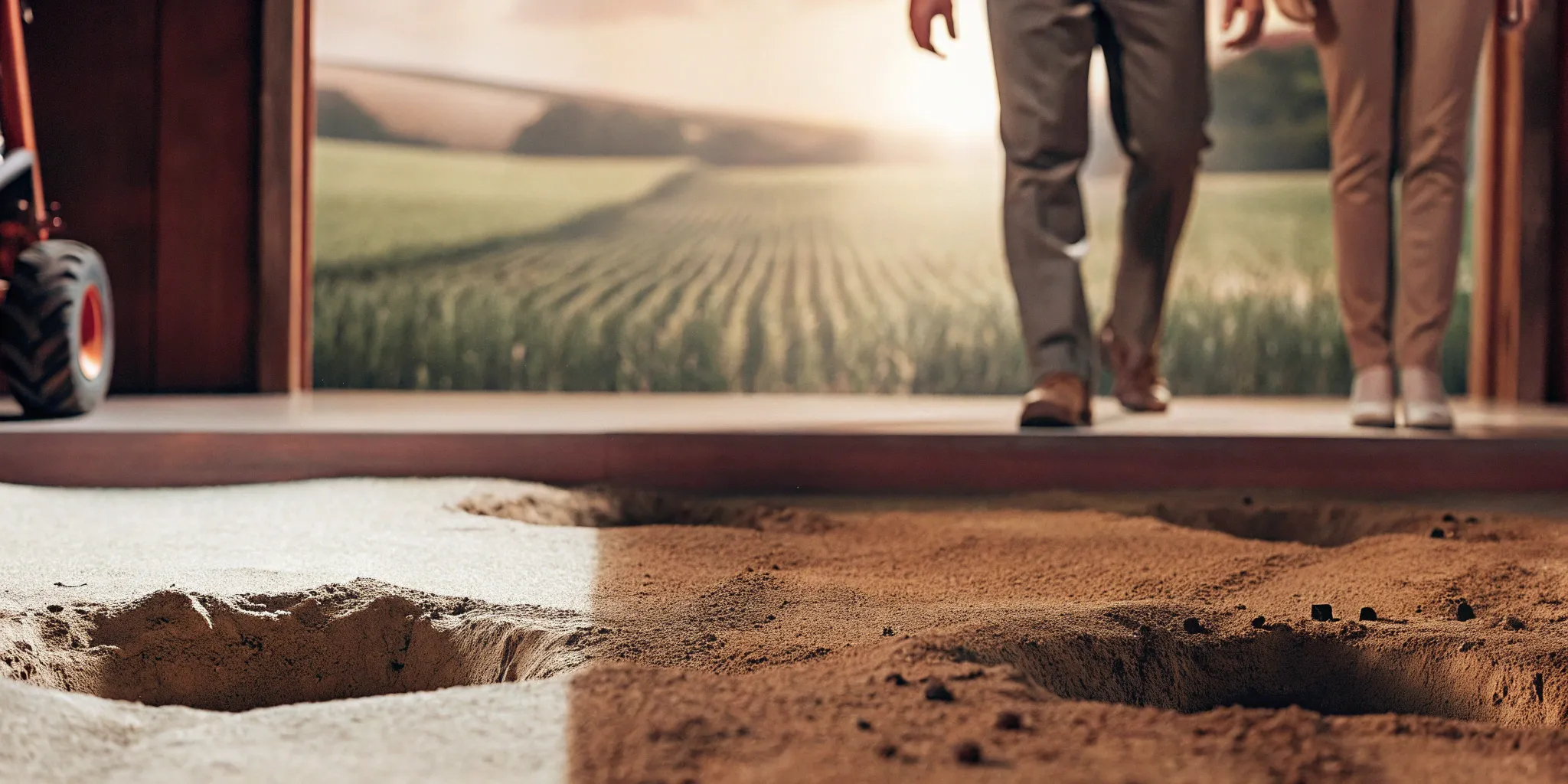 Two people checking mole tunnels in sandy soil to set the best trap.