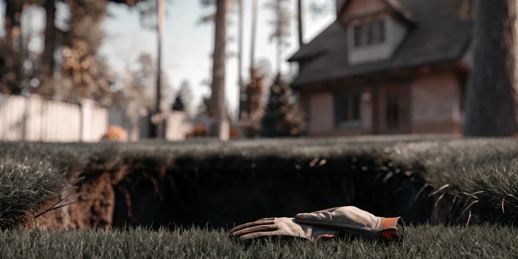 Setting the best mole trap with work gloves in an active mole tunnel on a lawn.