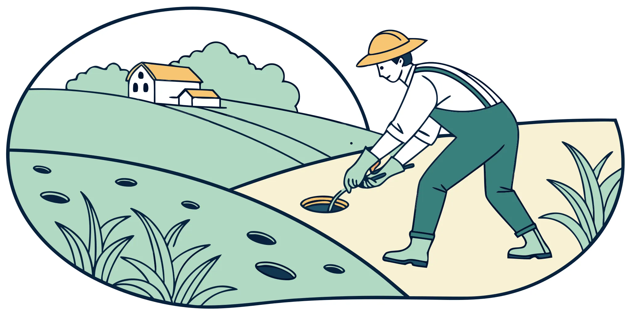 A person setting a small cinch trap for pocket gophers in a tunnel.