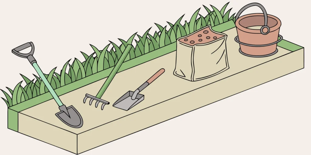 A DIY mole control kit with essential tools like a shovel and trowel laid out on a garden bed.