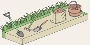A DIY mole control kit with essential tools like a shovel and trowel laid out on a garden bed.