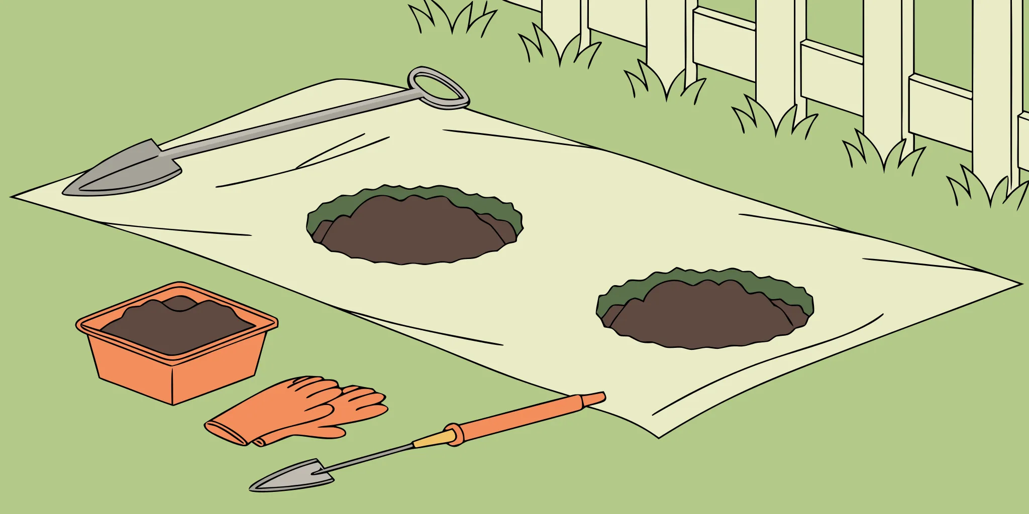 A gopher trapping kit with tools laid out on the grass next to an open gopher tunnel.