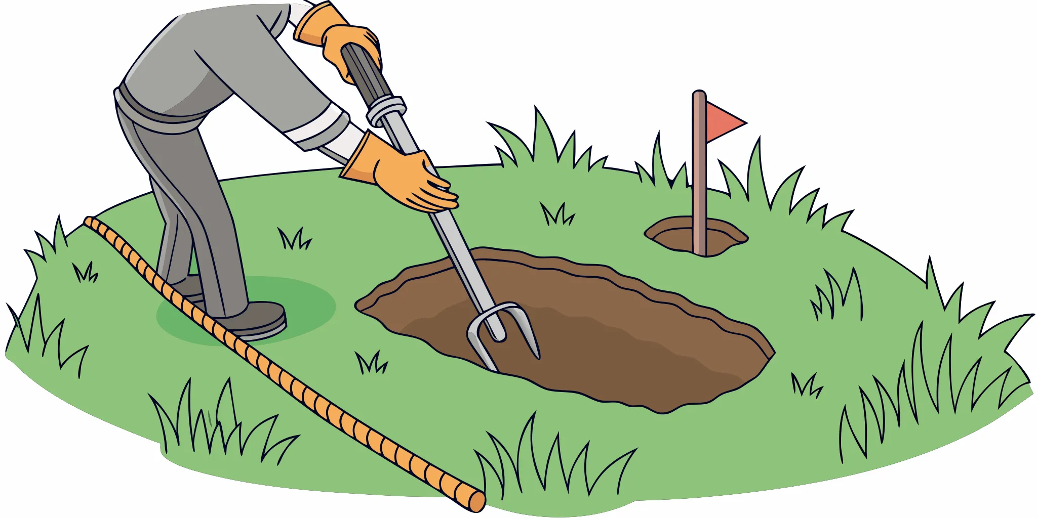 A person setting a gopher trap in an active tunnel with a tool.