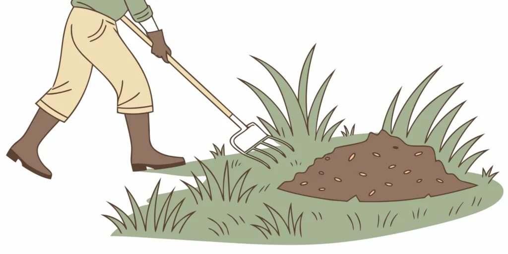 Setting an easy mole trap in a lawn with a garden fork near a mole mound.
