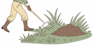 Setting an easy mole trap in a lawn with a garden fork near a mole mound.