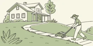 A man mows his Salt Lake City lawn, kept healthy with easy set mole traps.