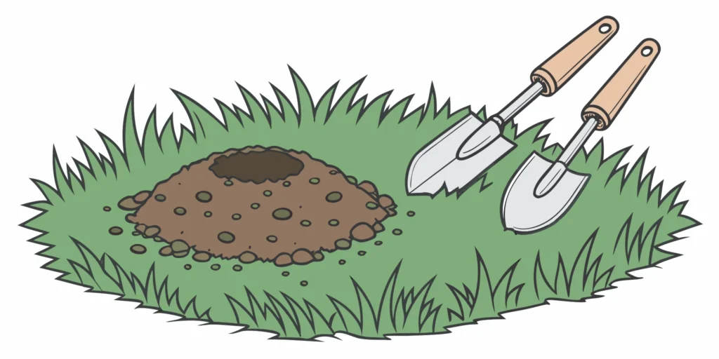 A freshly dug hole and trowels in a lawn, ready to set the easiest gopher trap to use.