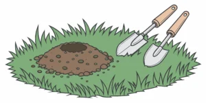 A freshly dug hole and trowels in a lawn, ready to set the easiest gopher trap to use.