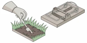 A person setting a metal mole trap into a tunnel in the lawn.