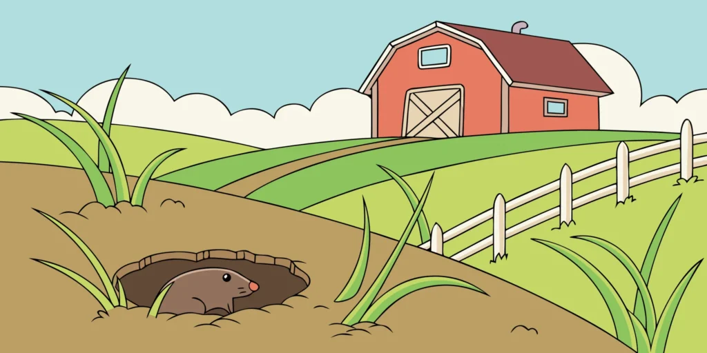 A made in USA gopher trap set in a lawn next to a gopher hole.