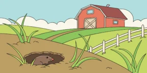 A made in USA gopher trap set in a lawn next to a gopher hole.