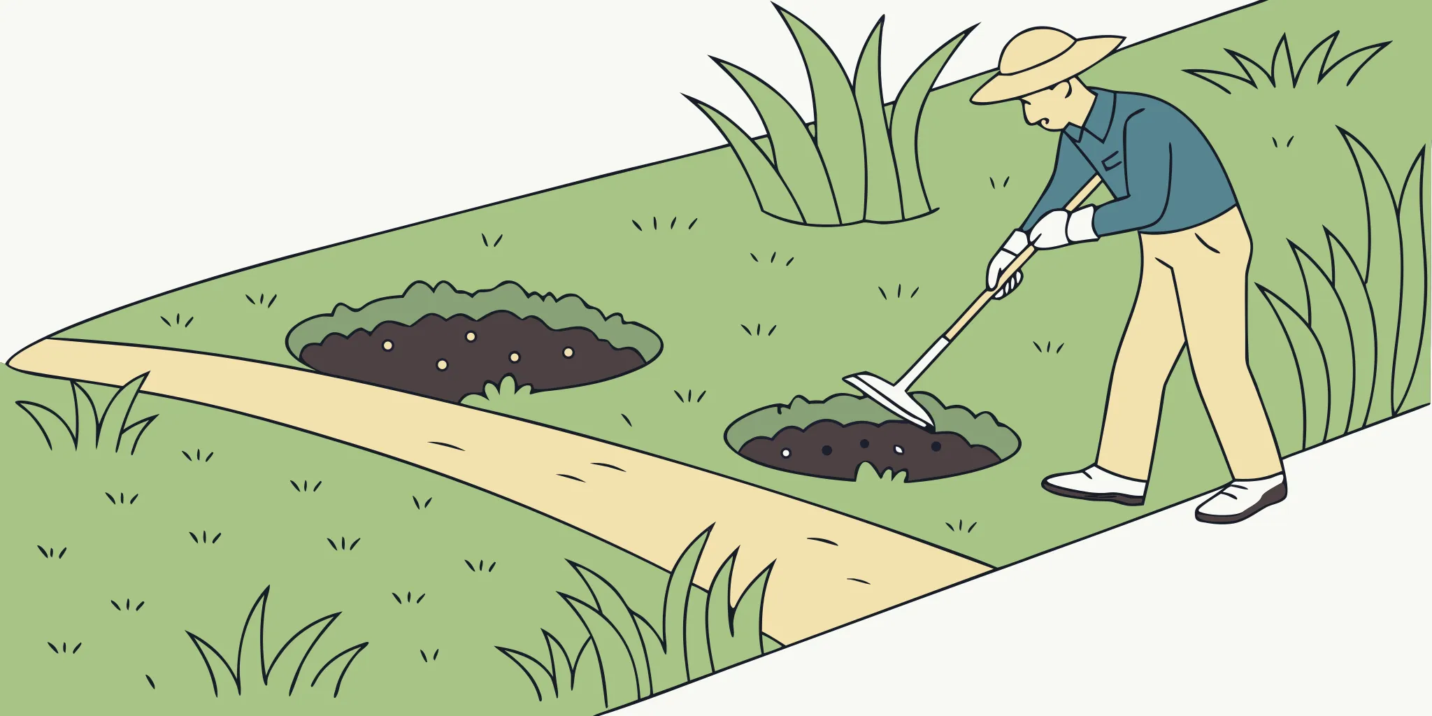 Gardener flattens a molehill with a hoe to get rid of moles in the lawn.