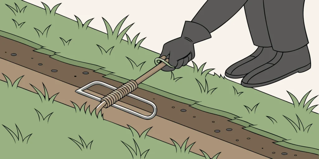 Setting a spring-loaded mole trap correctly in an active mole tunnel.