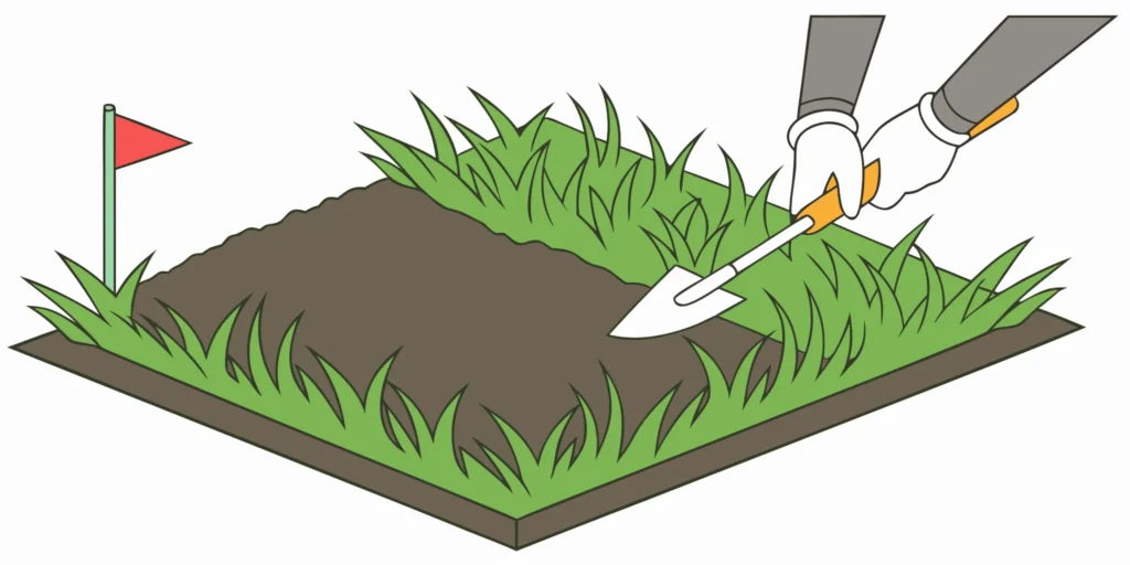 Setting a mole trap in an active lawn tunnel with a trowel.