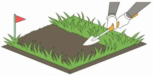 Setting a mole trap in an active lawn tunnel with a trowel.
