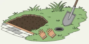 A heavy-duty gopher trap being set in the ground next to an open gopher tunnel.