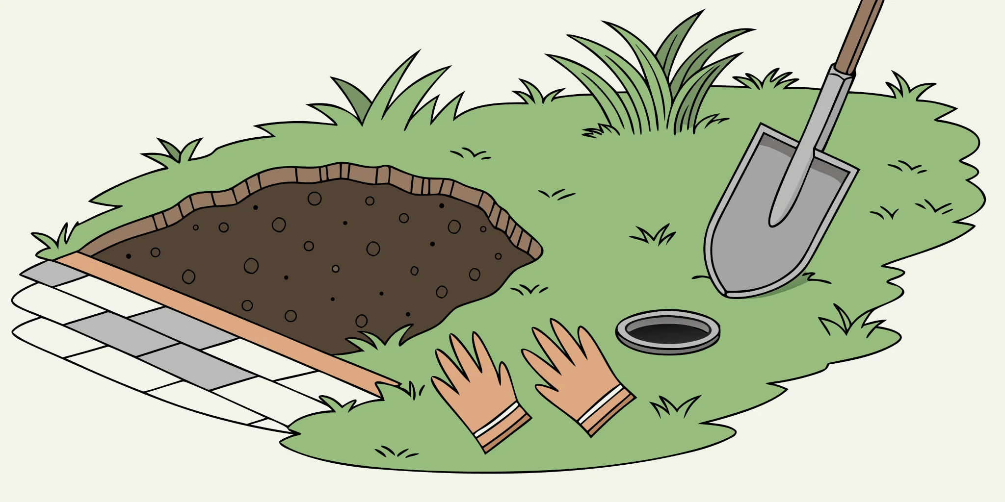 A heavy-duty gopher trap being set in the ground next to an open gopher tunnel.