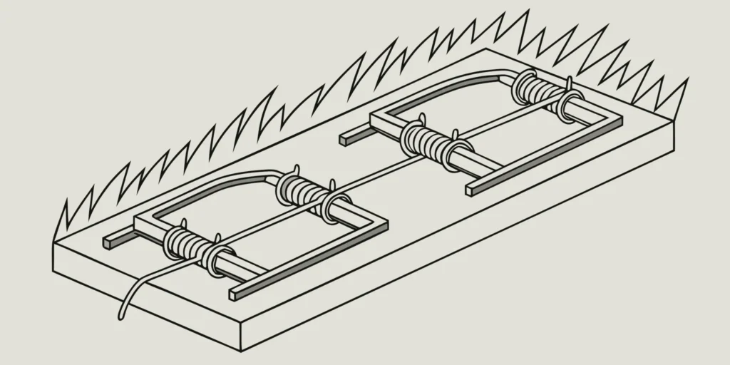 One of the most effective mole traps, a scissor-style trap, set in a lawn mole tunnel.