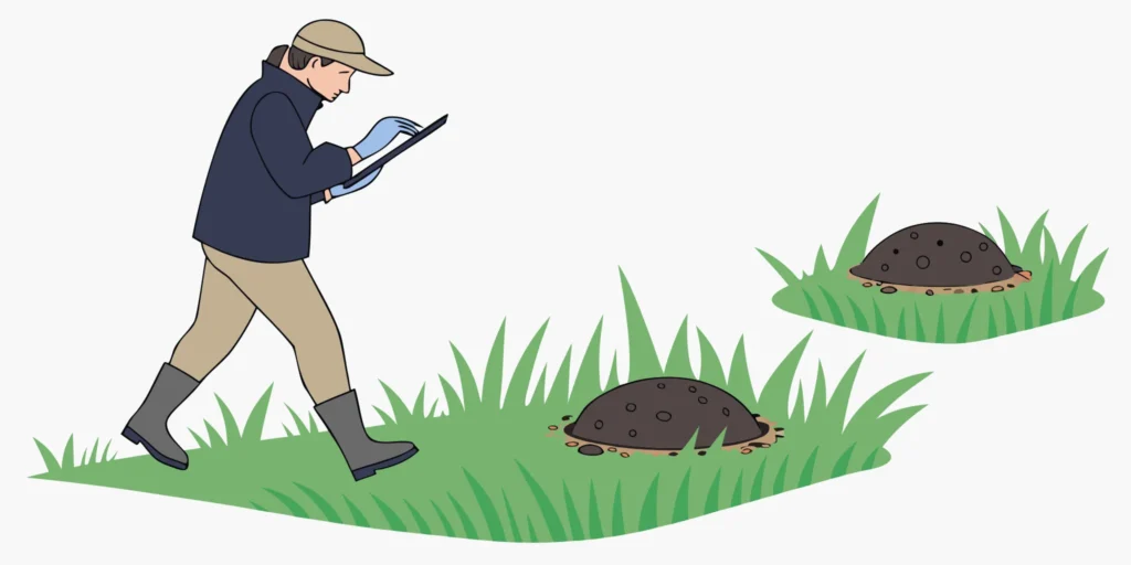 Setting a professional gopher trap in a Boise, Idaho lawn next to an active dirt mound.