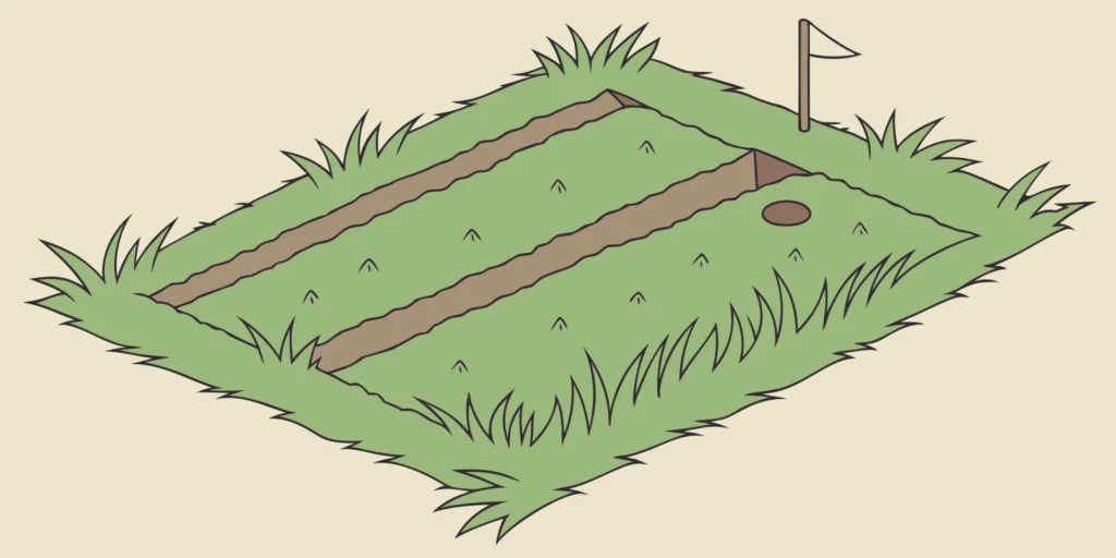 Raised active mole tunnels marked for testing in a lawn