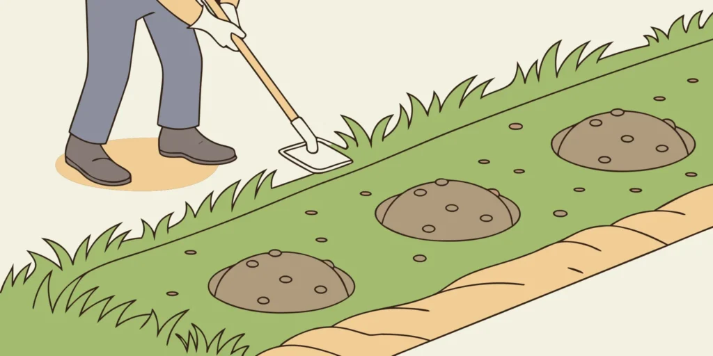 Using a hoe to set one of the best mole traps for sandy soil near a molehill.