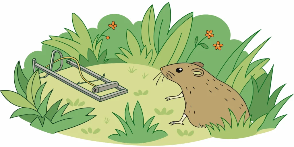 Gopher repellent comparison with a metal gopher trap beside a garden mound