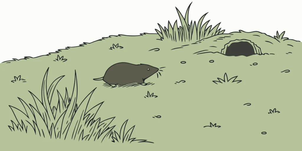 Illustration showing moles in yard tunnels beneath a green lawn